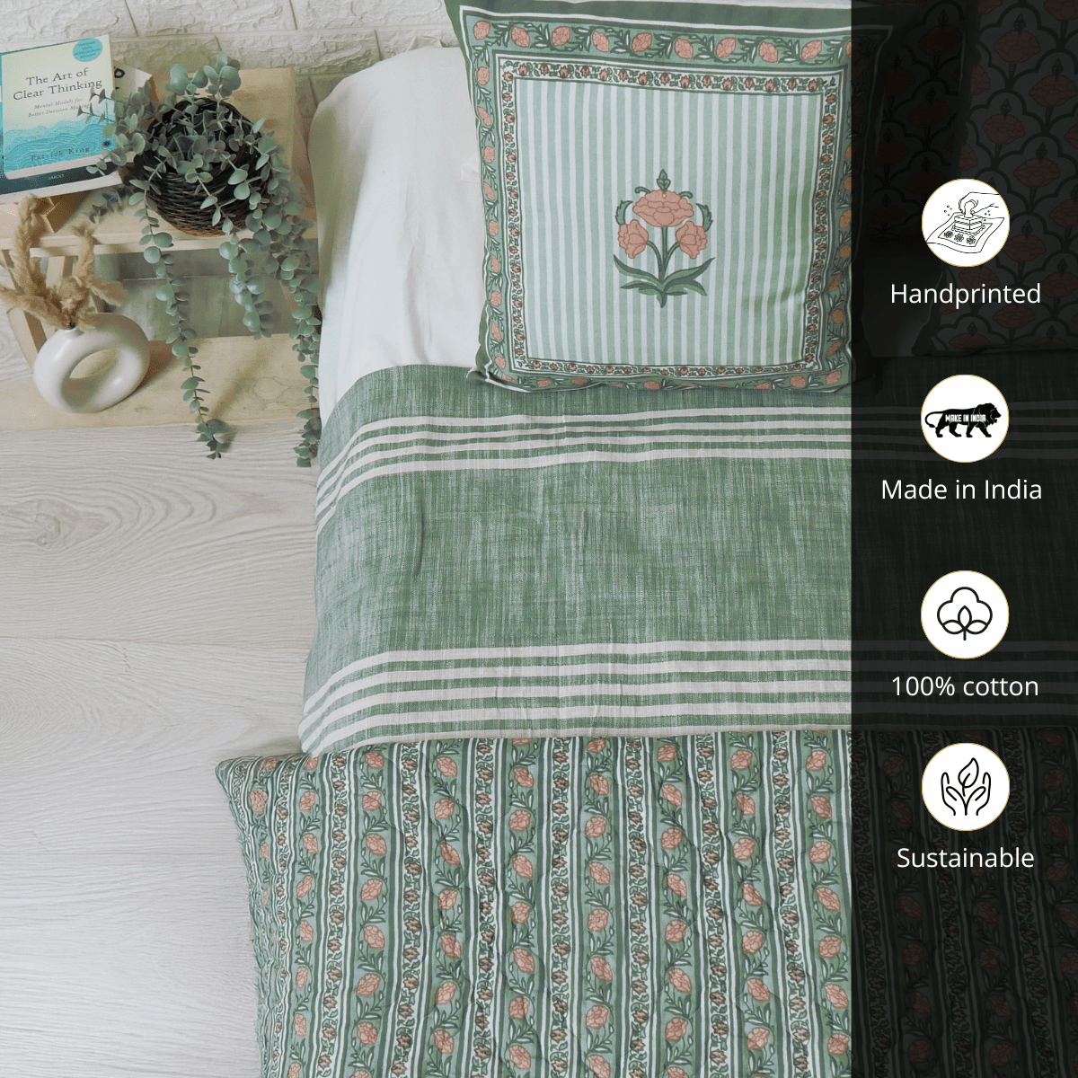 Pure Cotton Quilt in Green and Dusty Pink | Single and Double | Peepul Tree