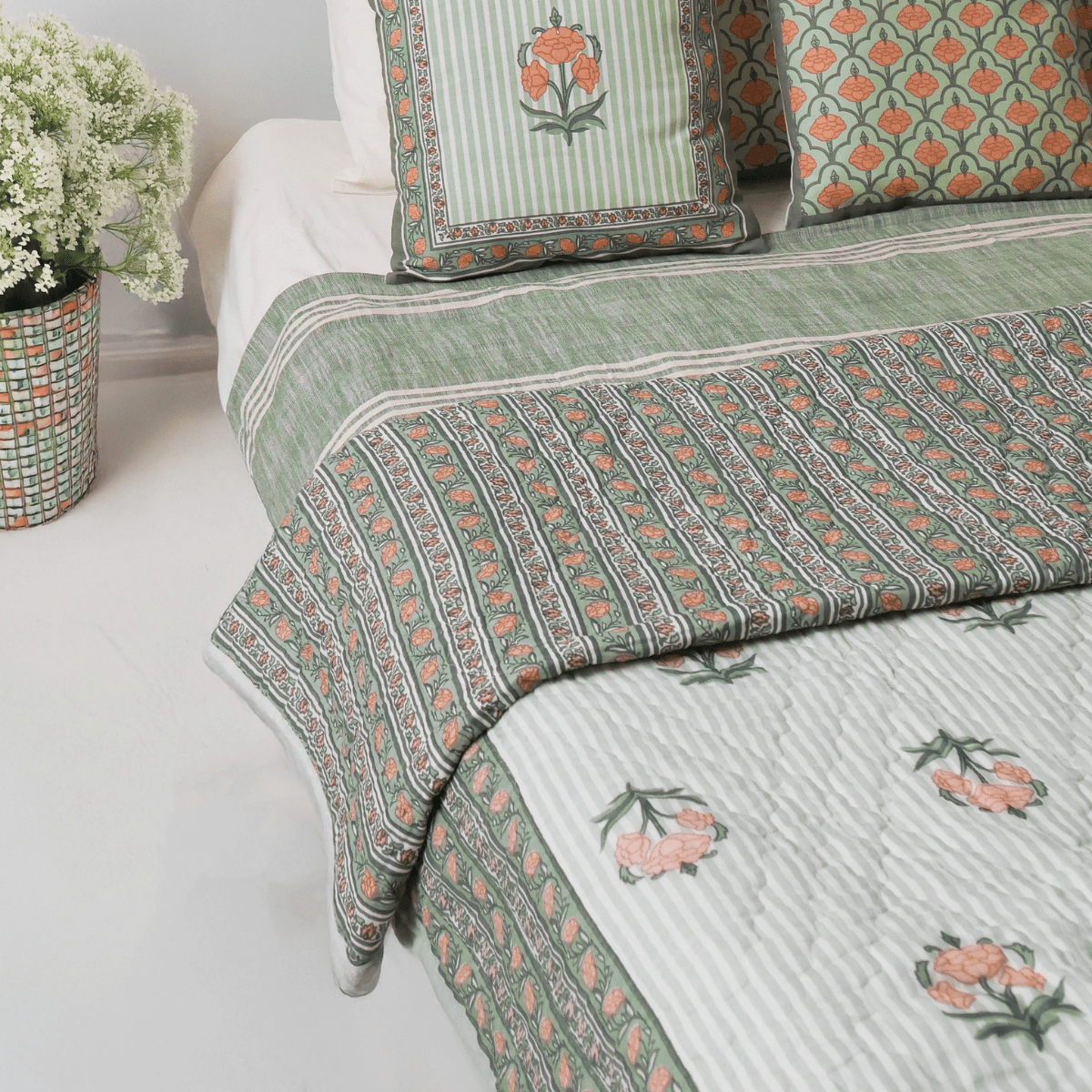 Pure Cotton Quilt in Green and Dusty Pink | Single and Double | Peepul Tree