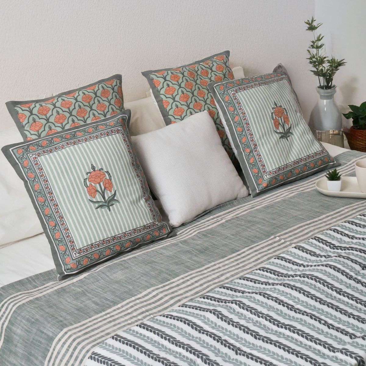 AC Comforter in 100% Cotton Mulmul Handprinted in Green Leafy Stripes| Lightweight Soft and Breathable AC Blanket