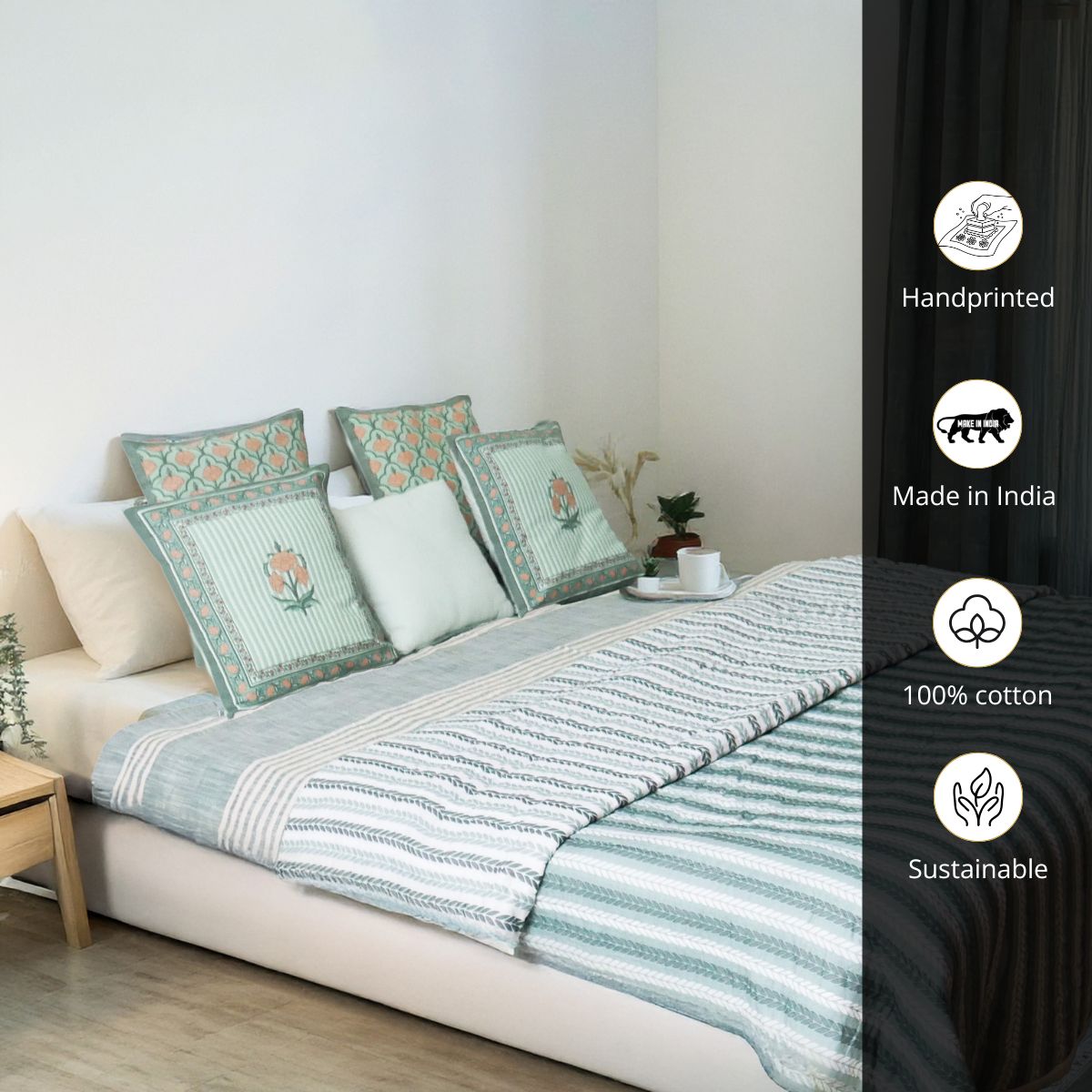 AC Comforter in 100% Cotton Mulmul Handprinted in Green Leafy Stripes| Lightweight Soft and Breathable AC Blanket