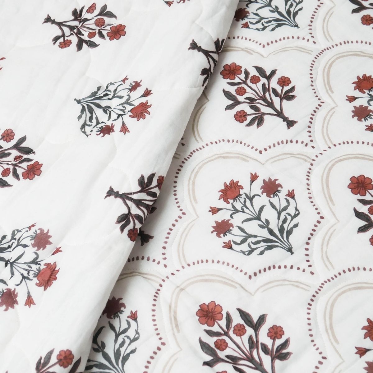 AC Comforter in 100% Cotton Mulmul Handprinted in Rust and Maroon Ornate Flowers| Lightweight Soft and Breathable AC Blanket in Reversible design