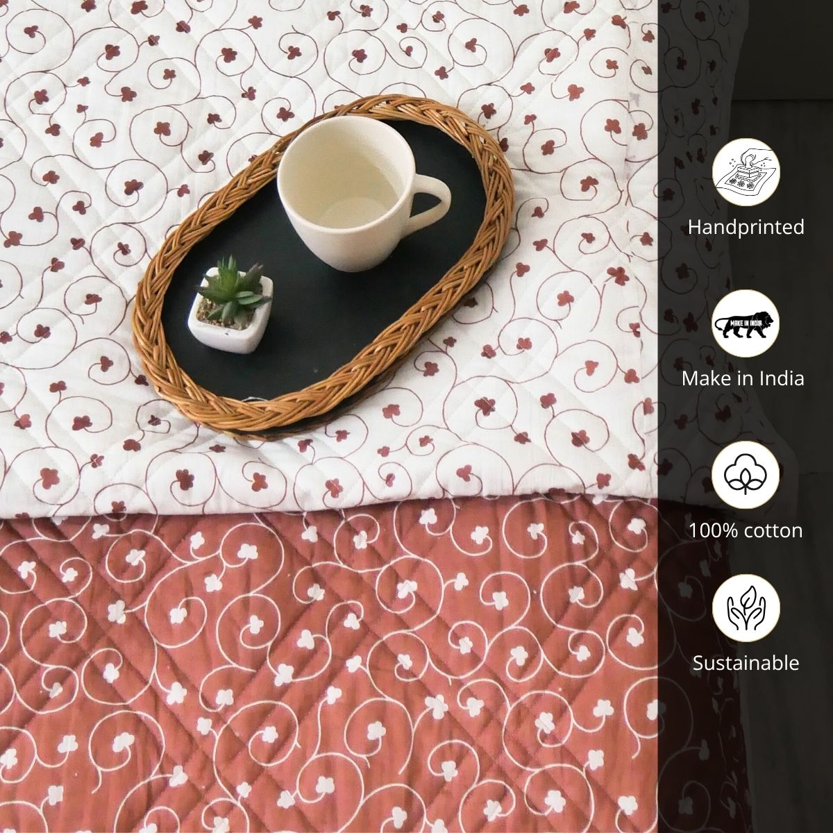 AC Comforter in 100% Cotton Mulmul Handprinted in Rust and Off White| Lightweight Soft and Breathable AC Blanket in Reversible design