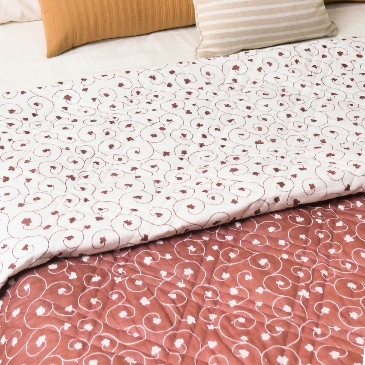 AC Comforter in 100% Cotton Mulmul Handprinted in Rust and Off White| Lightweight Soft and Breathable AC Blanket in Reversible design