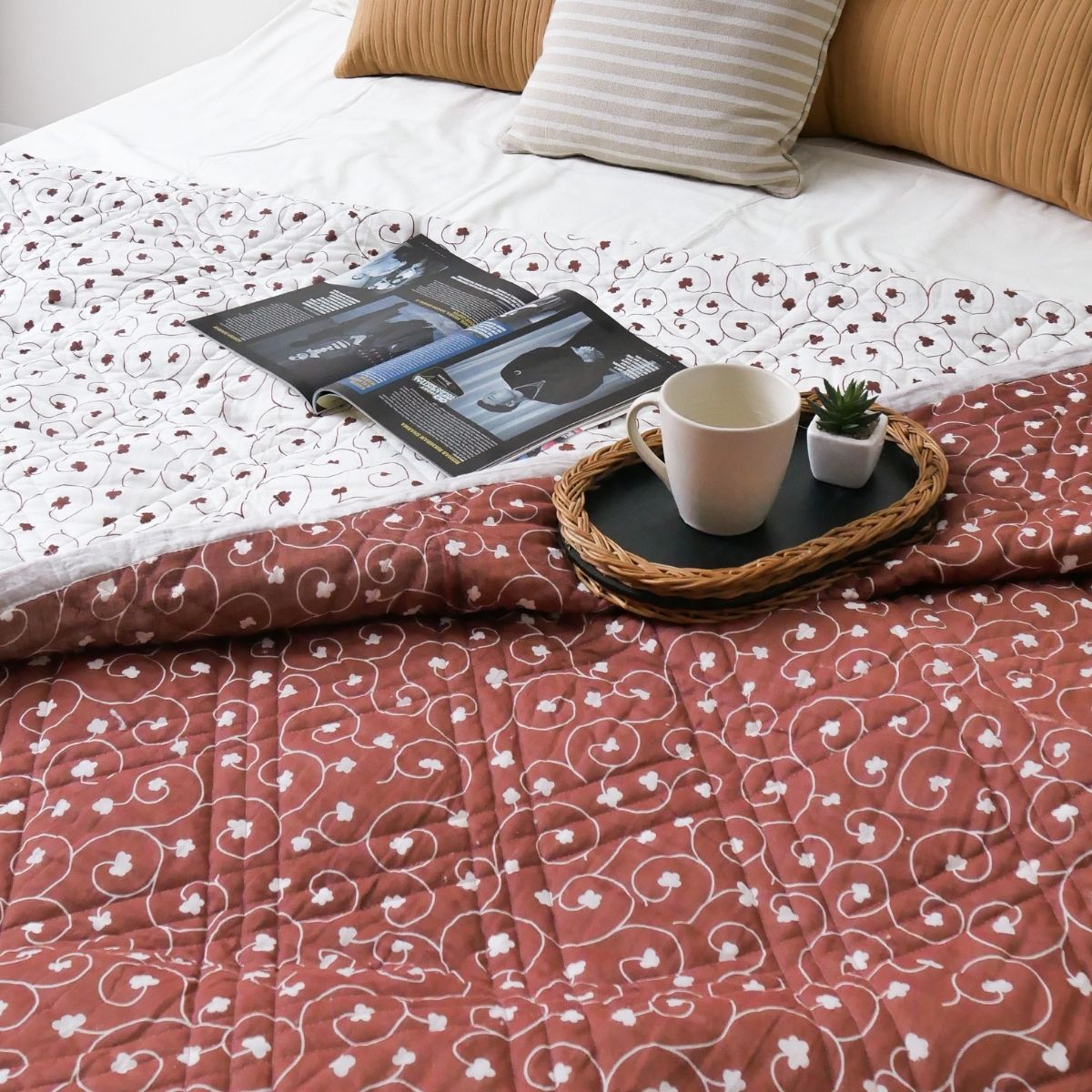 AC Comforter in 100% Cotton Mulmul Handprinted in Rust and Off White| Lightweight Soft and Breathable AC Blanket in Reversible design
