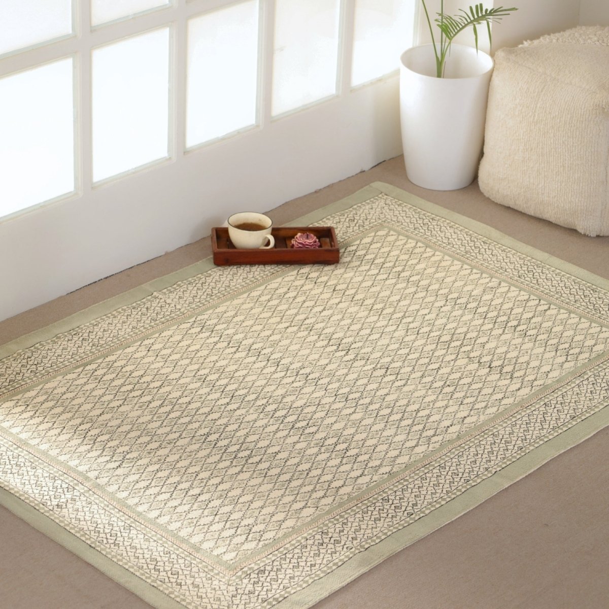 Hand block printed Cotton Floor Rug for Living Room and Bedroom in Aqua Green | Soft Washable Rug