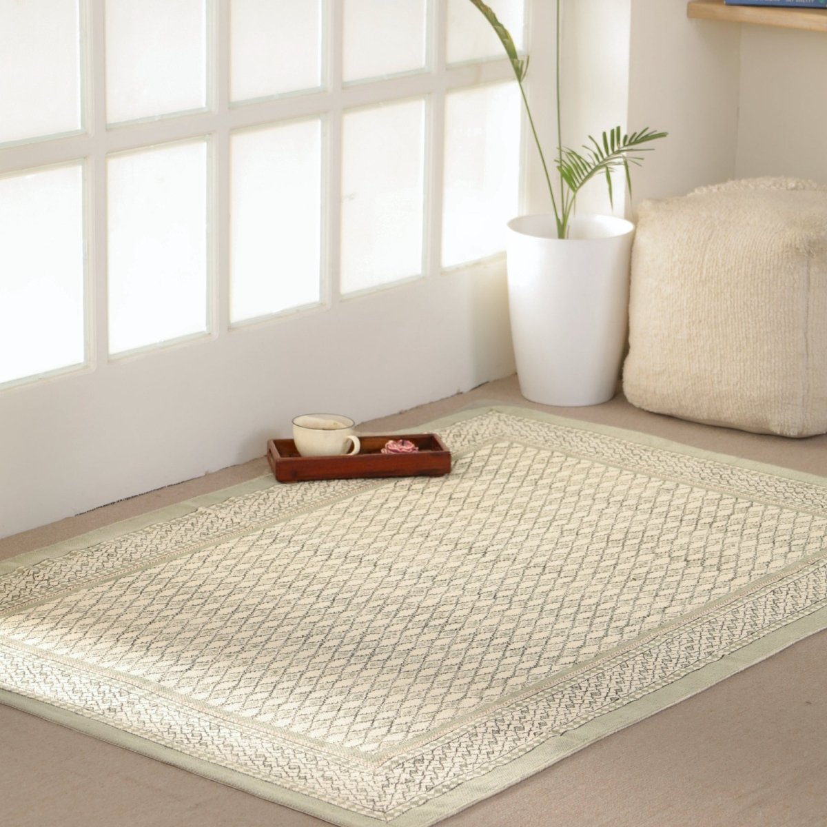 Hand block printed Cotton Floor Rug for Living Room and Bedroom in Aqua Green | Soft Washable Rug