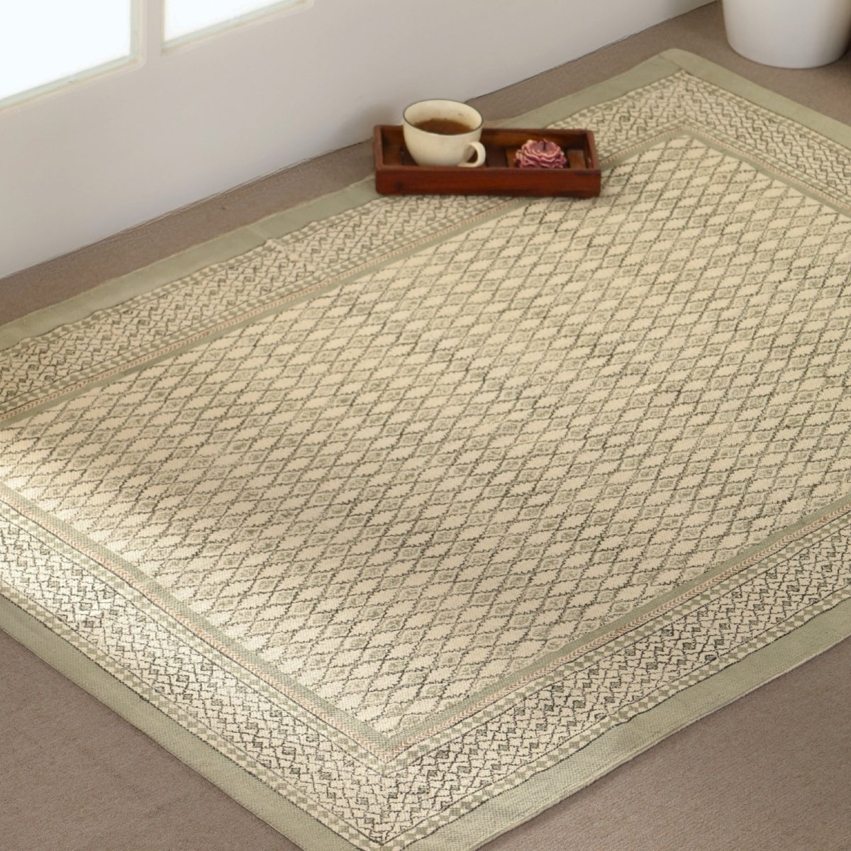 Hand block printed Cotton Floor Rug for Living Room and Bedroom in Aqua Green | Soft Washable Rug