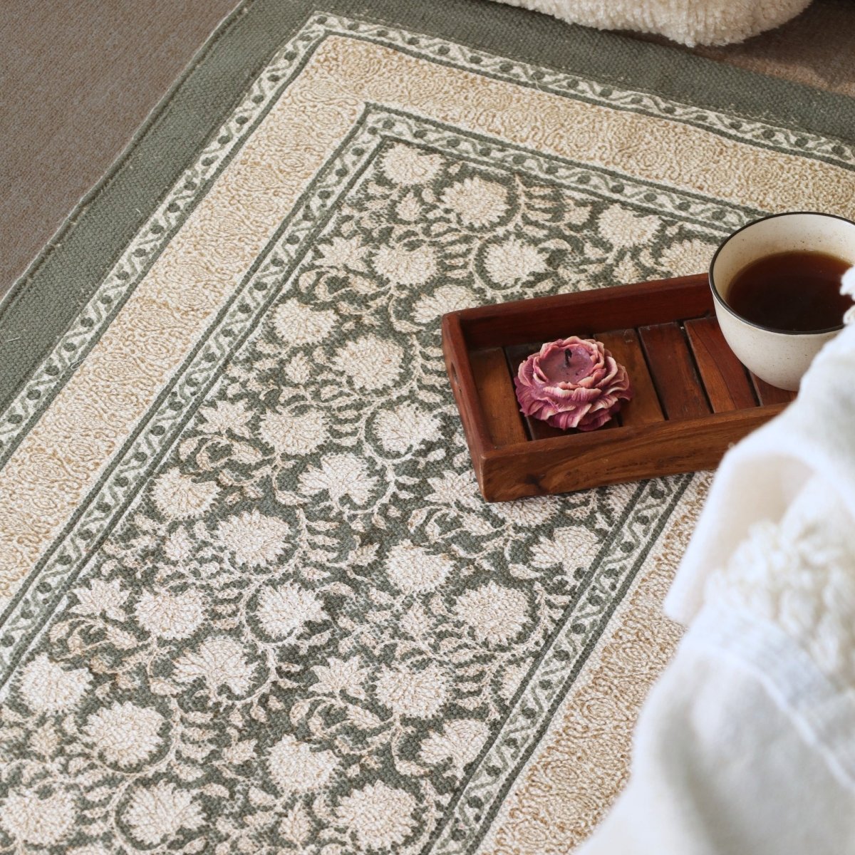 Hand block printed Cotton Floor Rug for Living Room and Bedroom in Ivory and Charcoal Colour | Soft Washable Rug