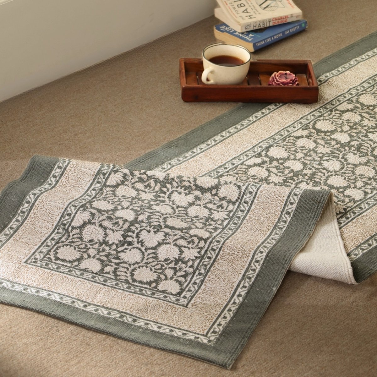 Hand block printed Cotton Floor Rug for Living Room and Bedroom in Ivory and Charcoal Colour | Soft Washable Rug