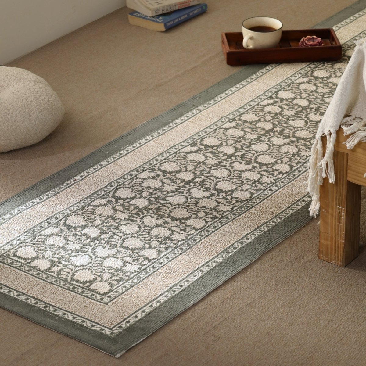 Hand block printed Cotton Floor Rug for Living Room and Bedroom in Ivory and Charcoal Colour | Soft Washable Rug