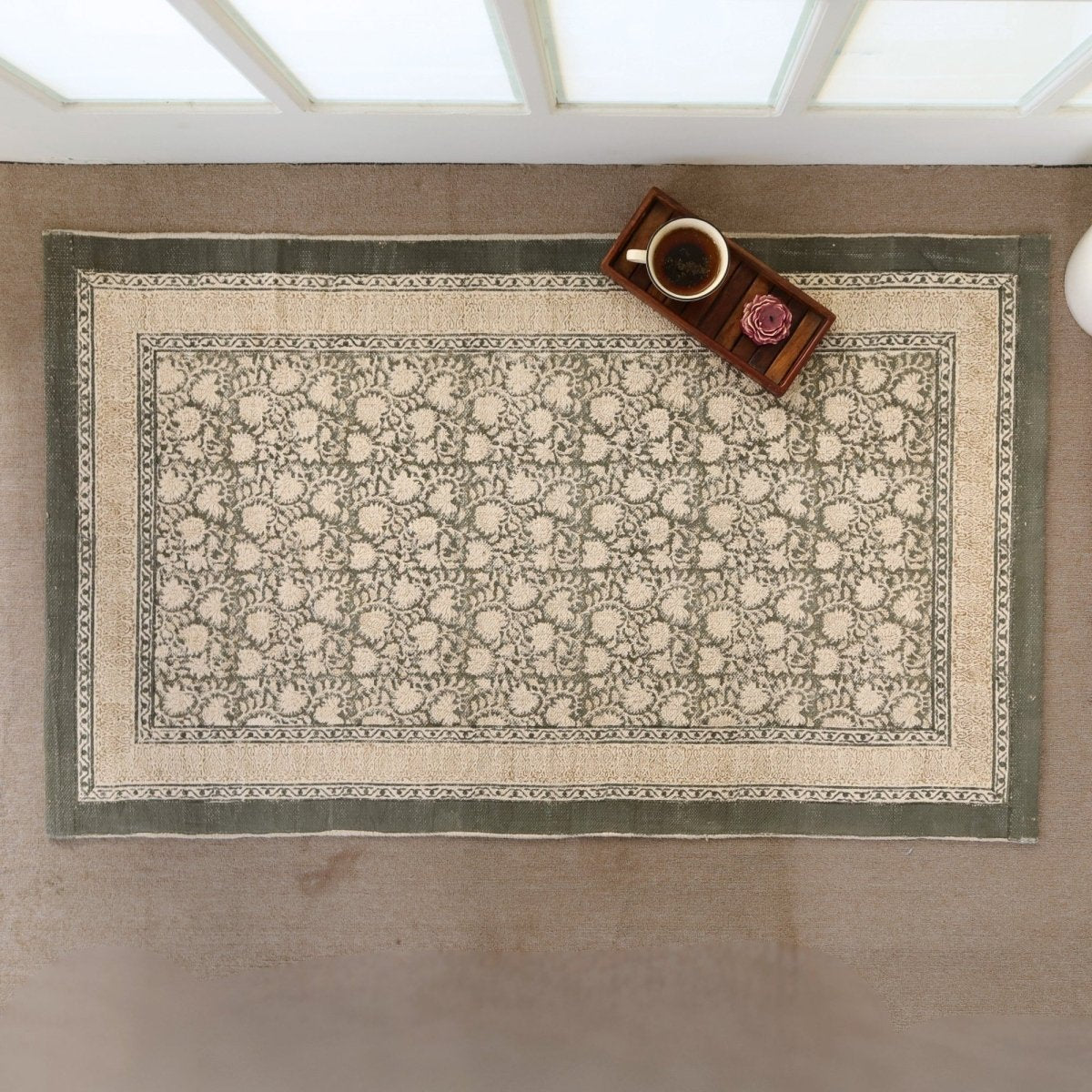 Hand block printed Cotton Floor Rug for Living Room and Bedroom in Ivory and Charcoal Colour | Soft Washable Rug