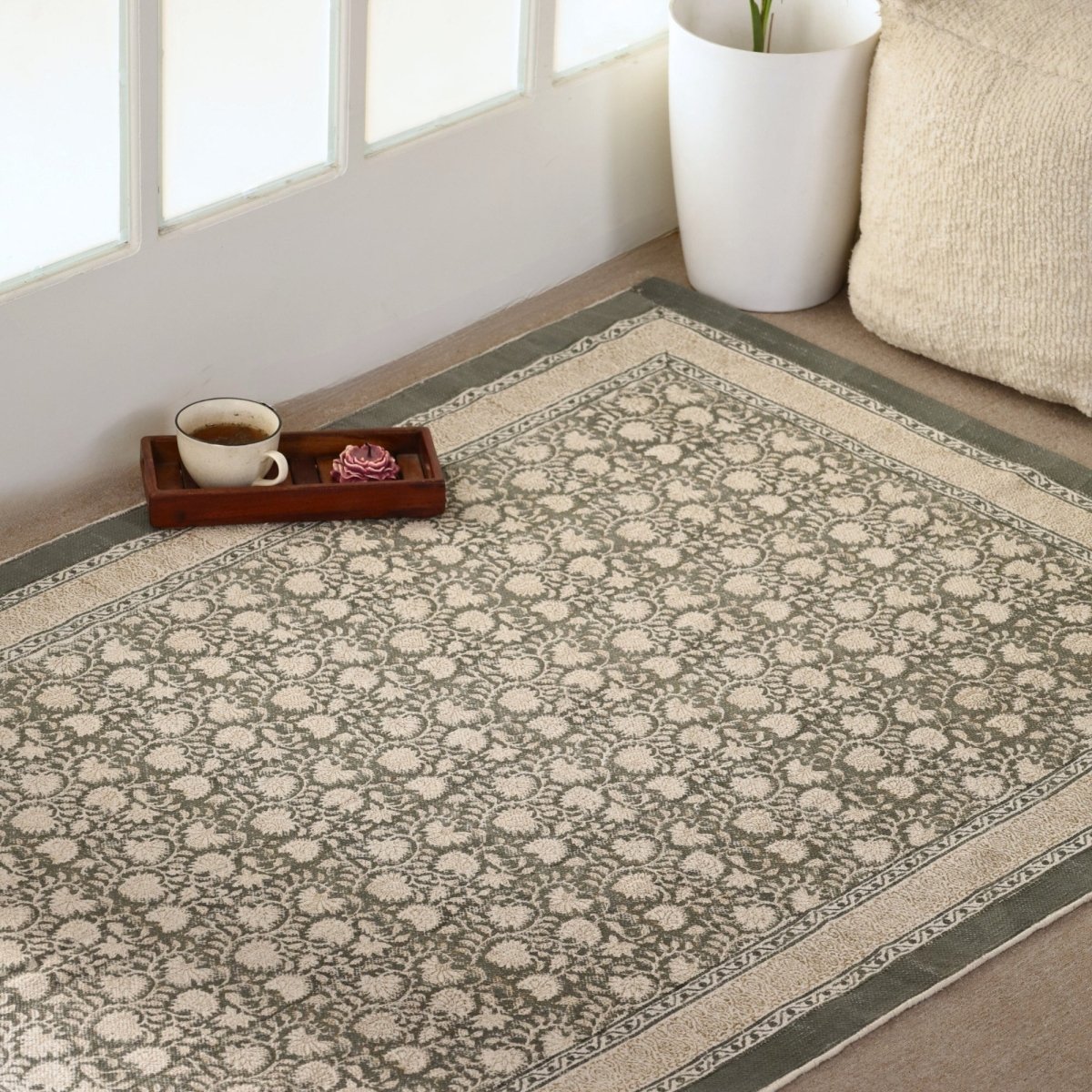 Hand block printed Cotton Floor Rug for Living Room and Bedroom in Ivory and Charcoal Colour | Soft Washable Rug