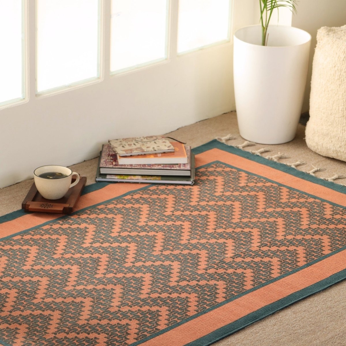 Handprinted Cotton Floor Rug for Living Room and Bedroom in Teal Chevron| Soft Washable Rug