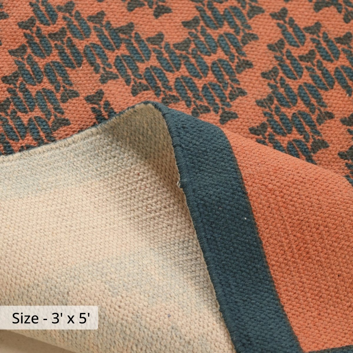 Handprinted Cotton Floor Rug for Living Room and Bedroom in Teal Chevron| Soft Washable Rug
