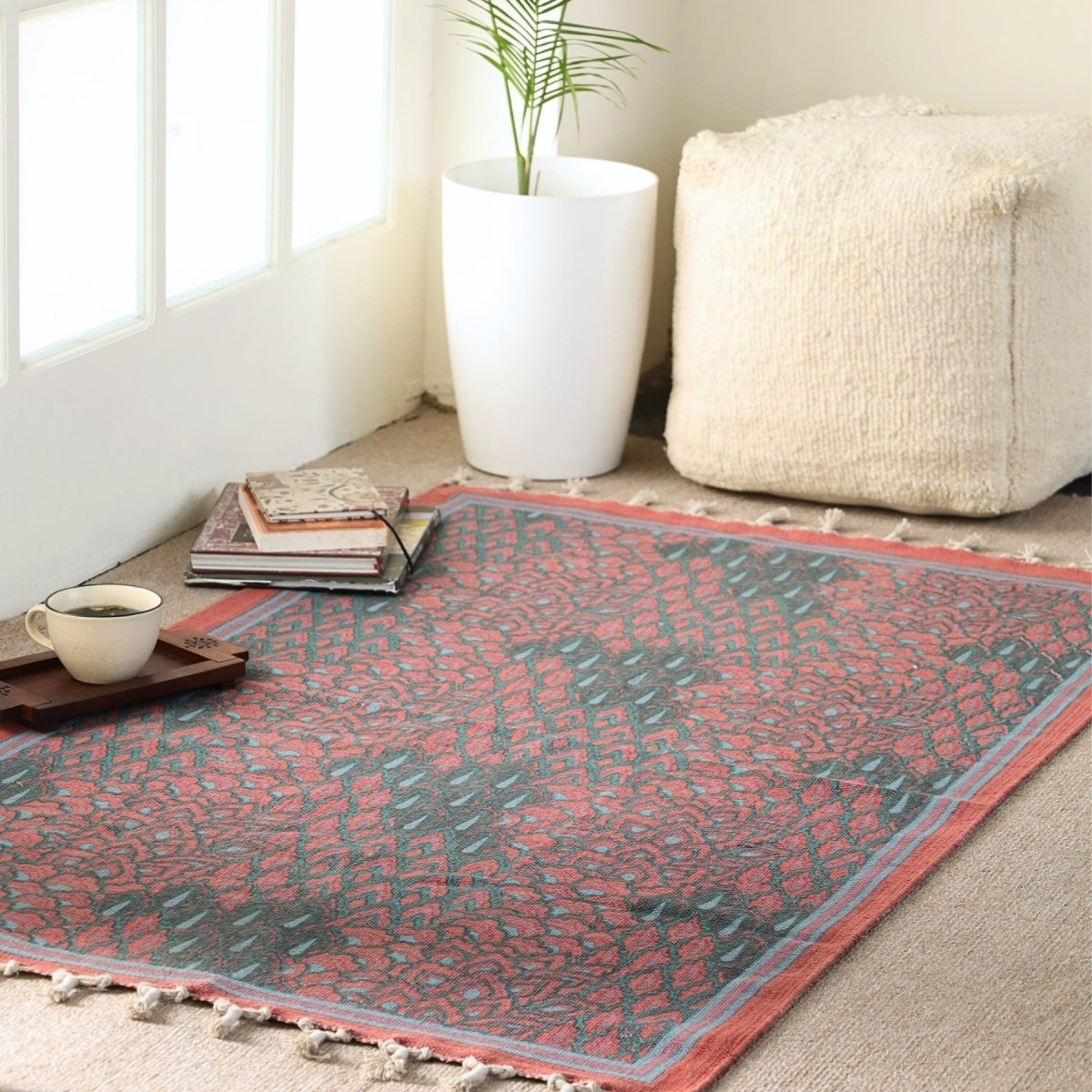 Handprinted Cotton Floor Rug for Living Room in Maroon Navy and Green Colours | Soft Washable Rug