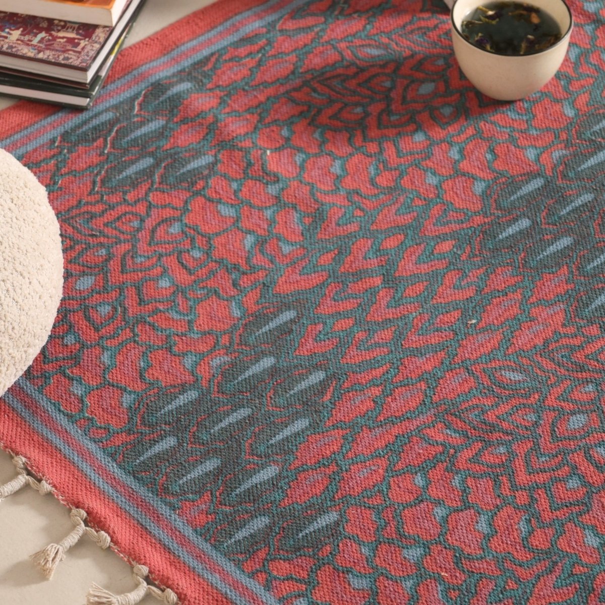 Handprinted Cotton Floor Rug for Living Room in Maroon Navy and Green Colours | Soft Washable Rug