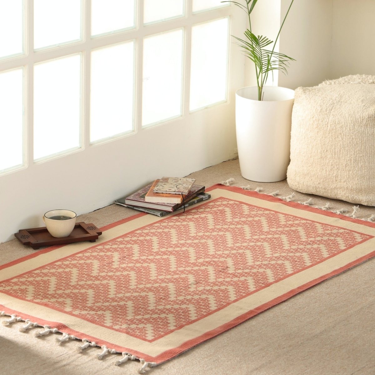 Handprinted Cotton Floor Rug for Living Room and Bedroom in ivory and coral| Soft Washable Rug