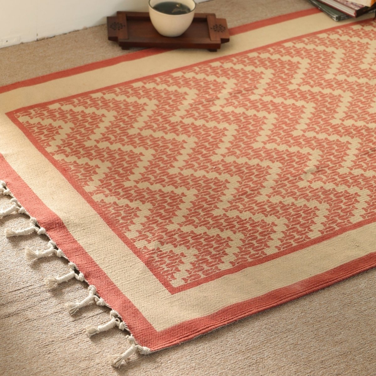 Handprinted Cotton Floor Rug for Living Room and Bedroom in ivory and coral| Soft Washable Rug