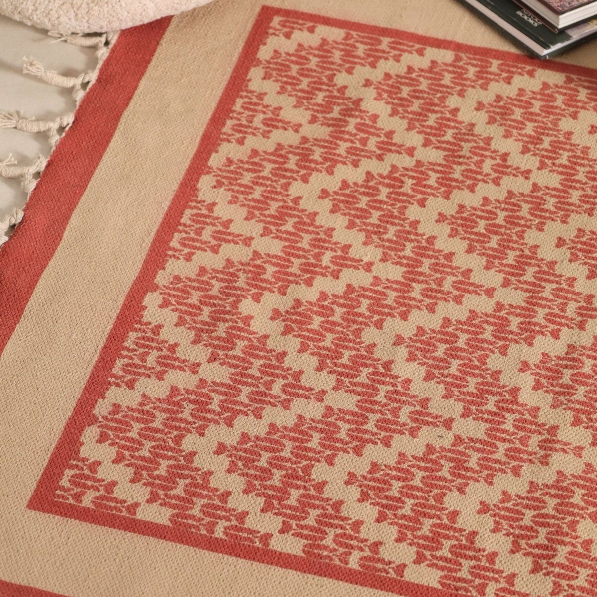 Handprinted Cotton Floor Rug for Living Room and Bedroom in ivory and coral| Soft Washable Rug