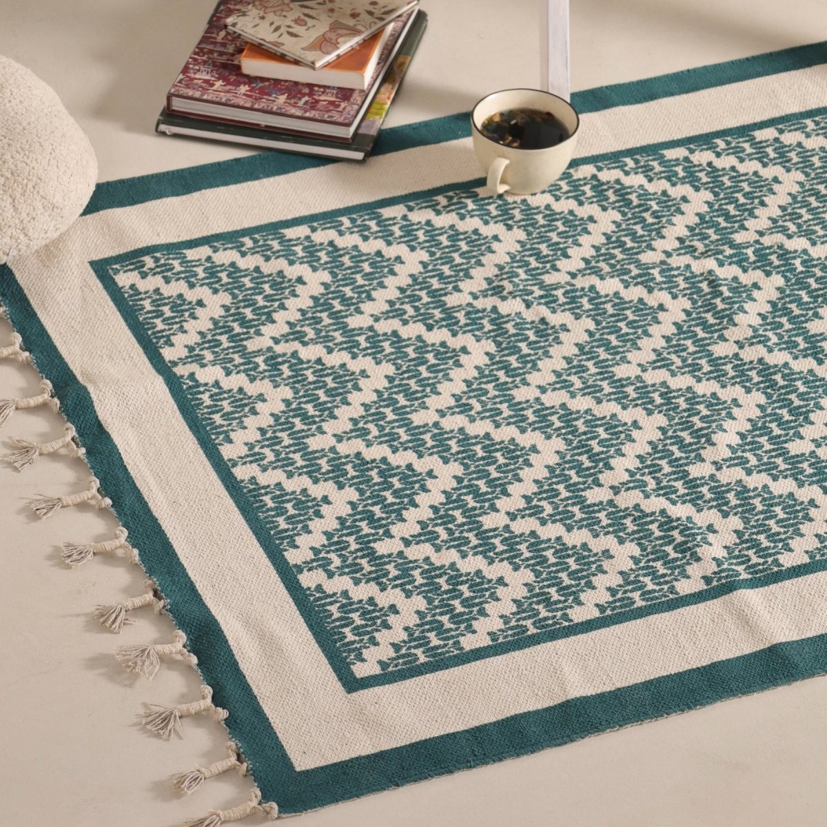 Ivory and Green Cotton Block Printed Living Room Rugs. Best as bedroom rug as well.