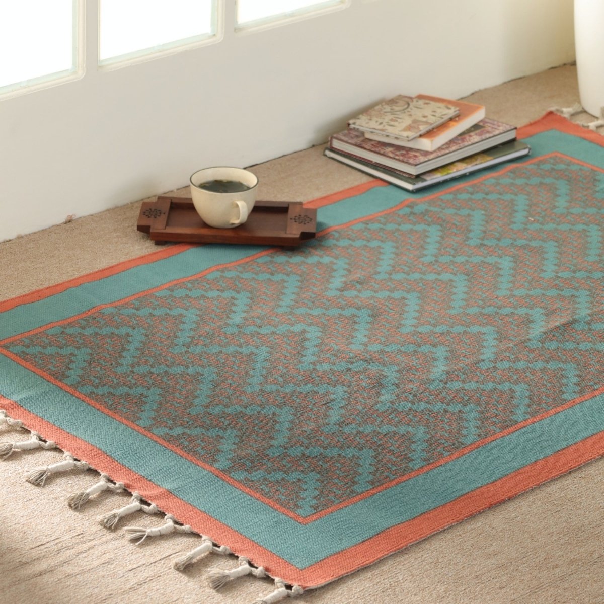 Green and Navy Cotton Block Printed Living Room Rugs. Best as bedroom rug as well.