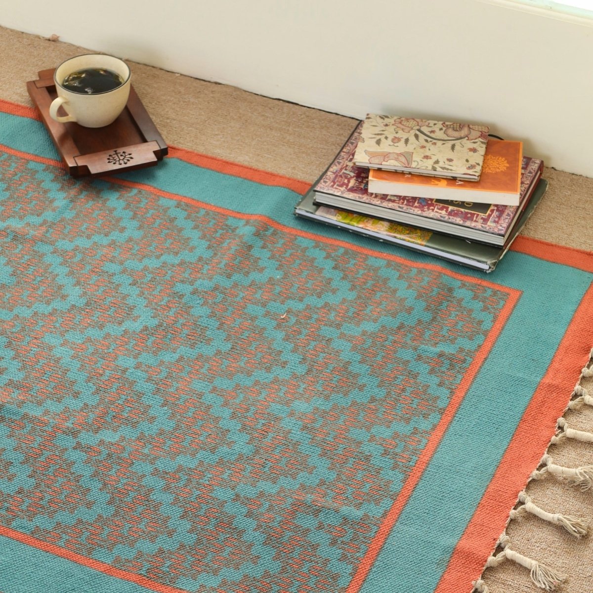 Green and Navy Cotton Block Printed Living Room Rugs. Best as bedroom rug as well.