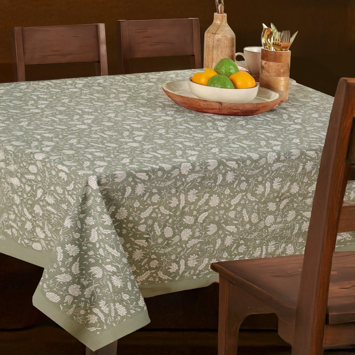 Green and Off White Cotton Floral Table Cloth | 4 seater