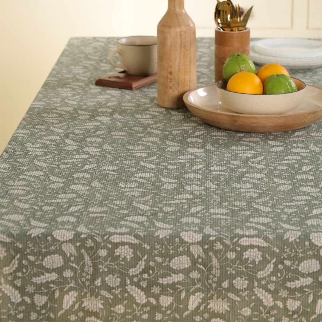 Green and Off White Cotton Floral Table Cloth | 4 seater