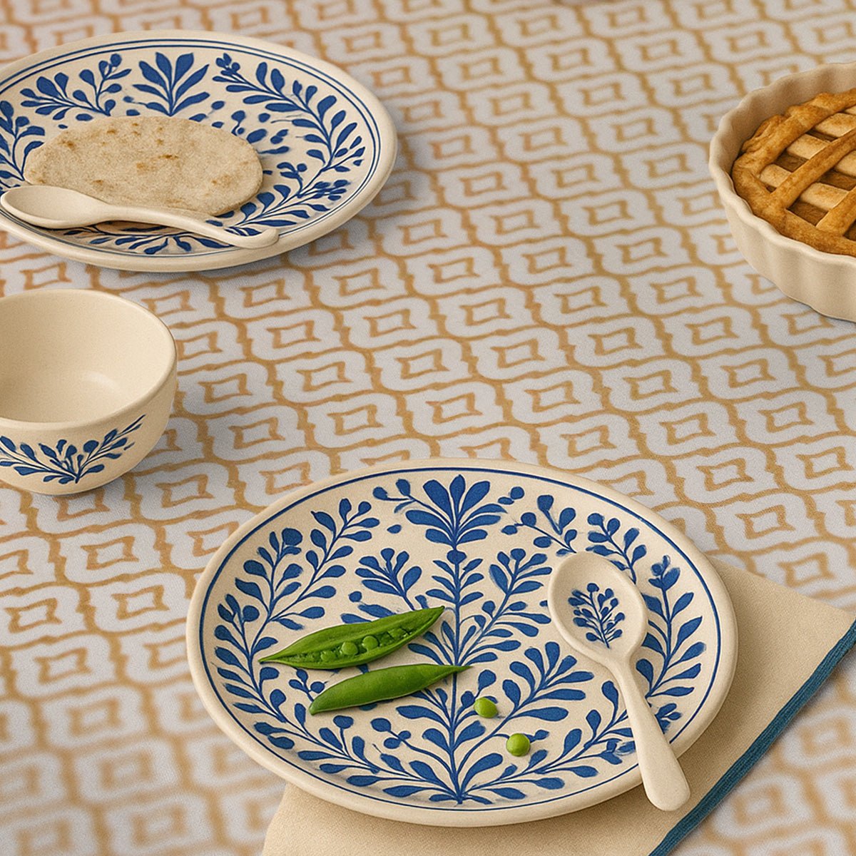 Green and Off White Cotton Floral Table Cloth | 4 seater