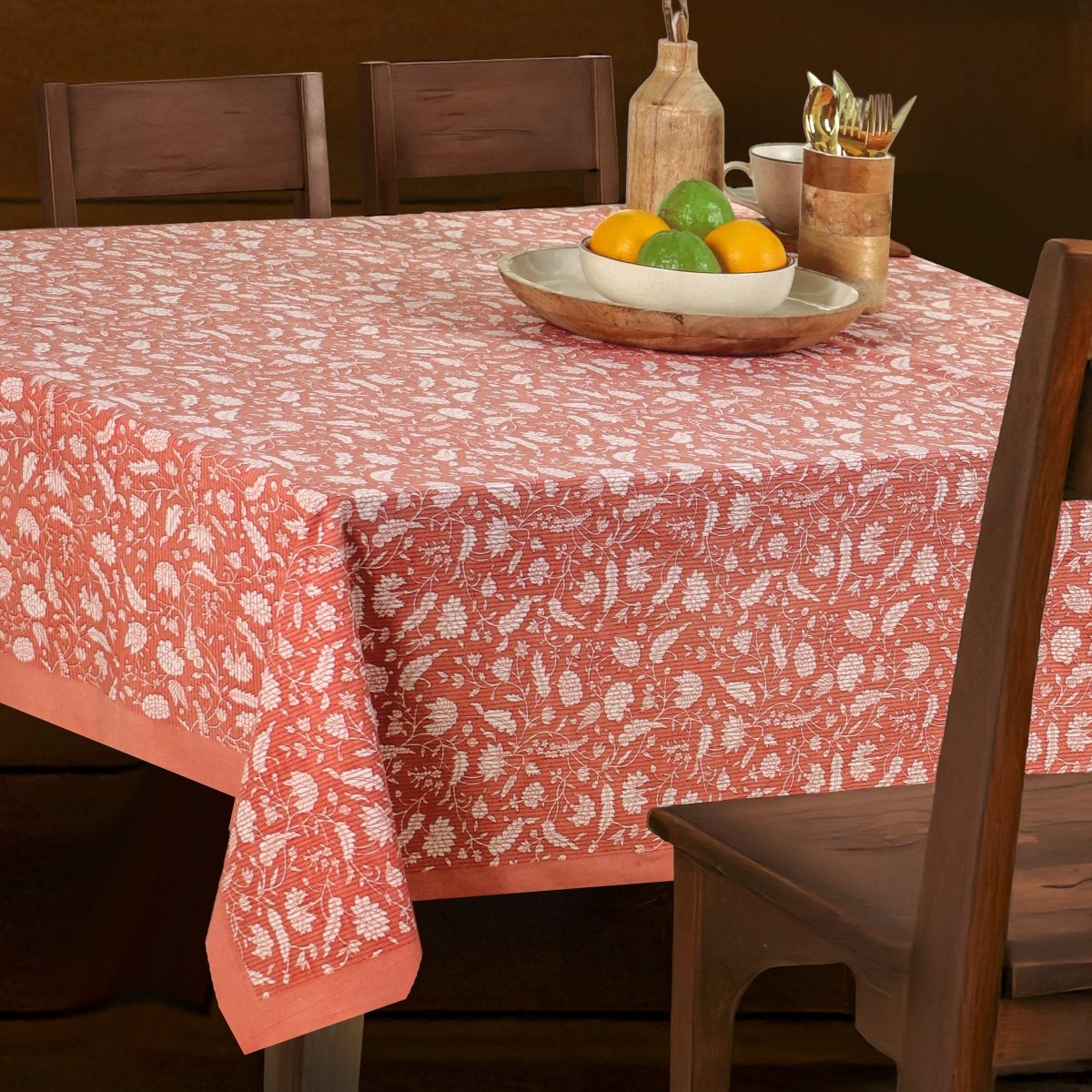 Green and Off White Cotton Floral Table Cloth | 4 seater