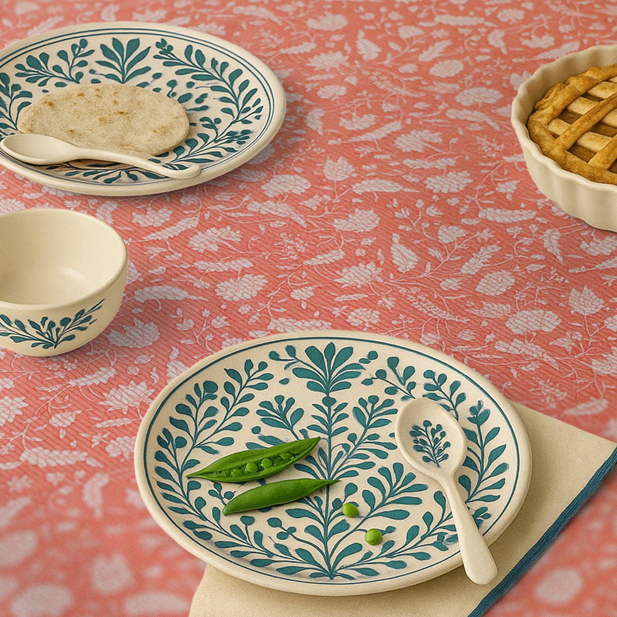 Green and Off White Cotton Floral Table Cloth | 4 seater