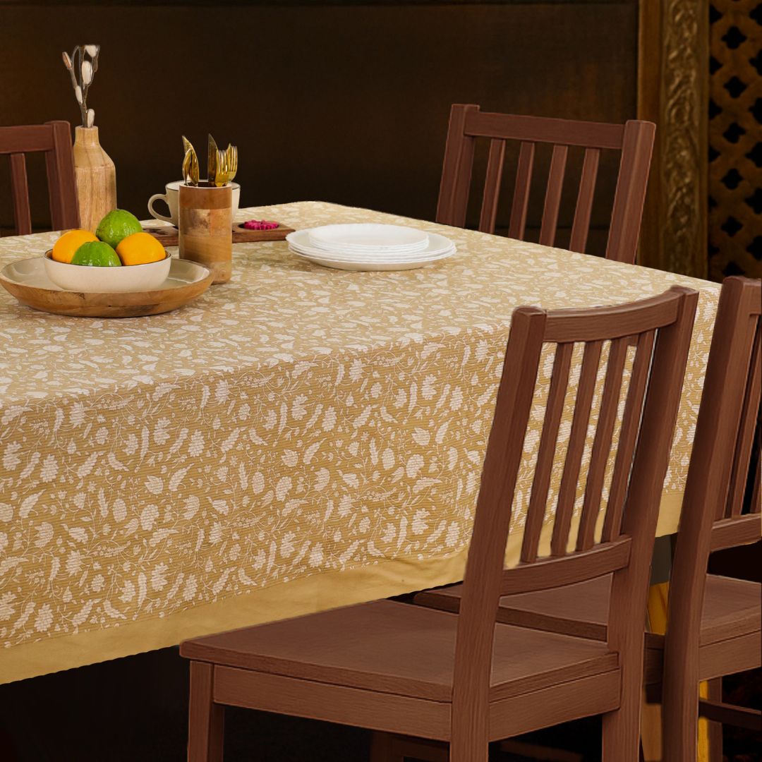 Green and Off White Cotton Floral Table Cloth | 6 seater