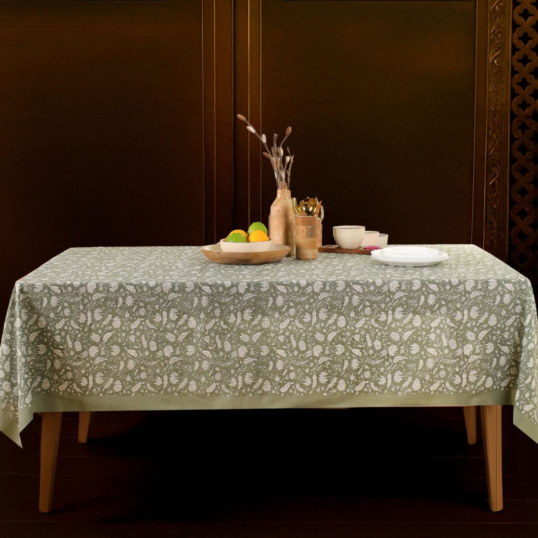 Green and Off White Cotton Floral Table Cloth | 6 seater