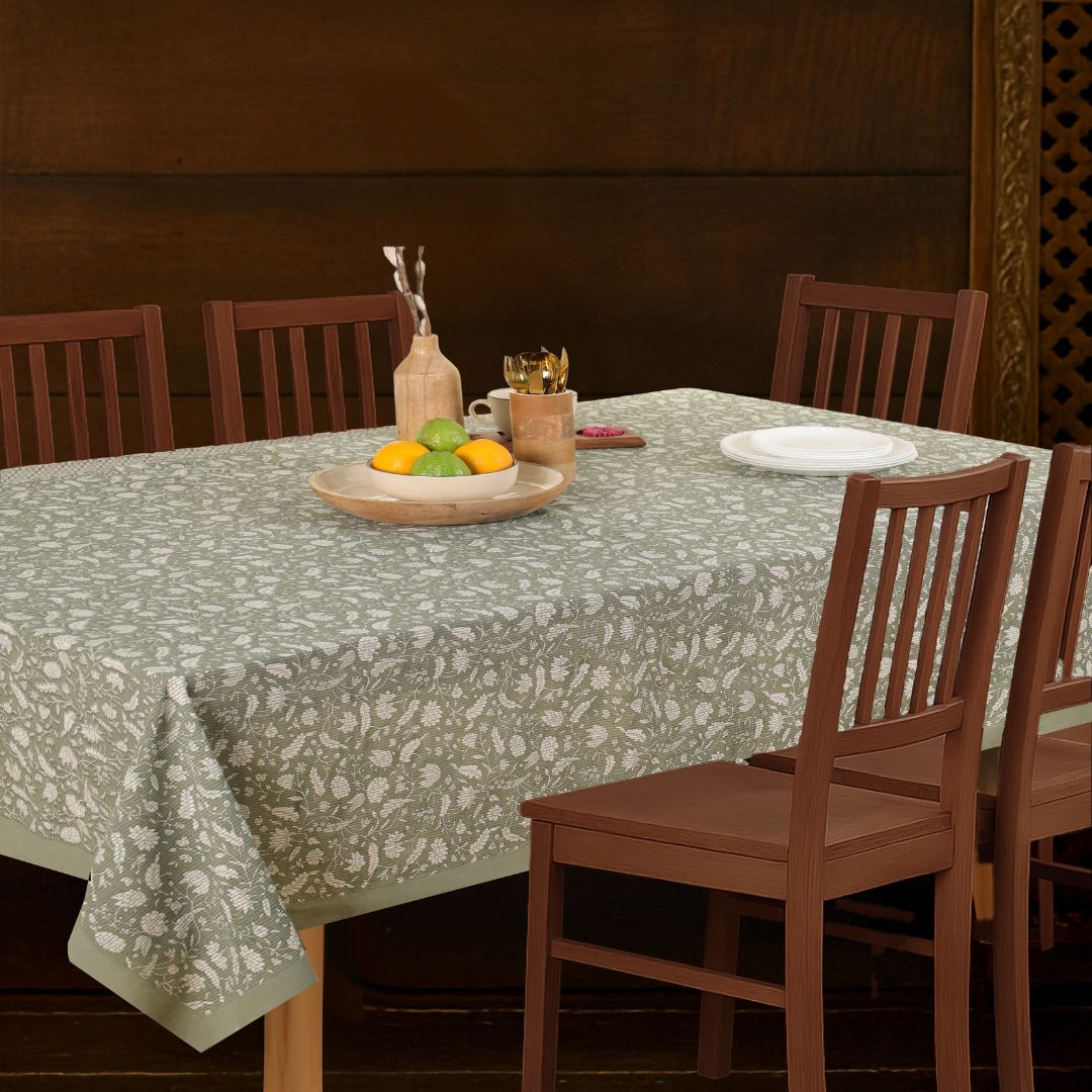 Green and Off White Cotton Floral Table Cloth | 6 seater