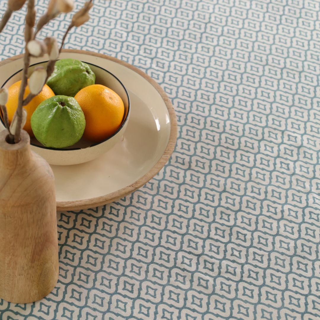 Green and Off White Cotton Floral Table Cloth | 6 seater