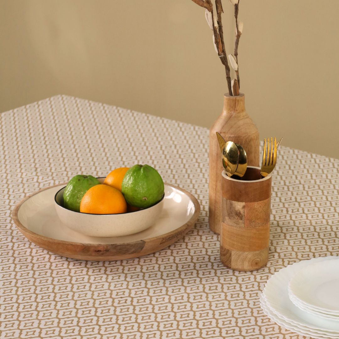 Green and Off White Cotton Floral Table Cloth | 6 seater