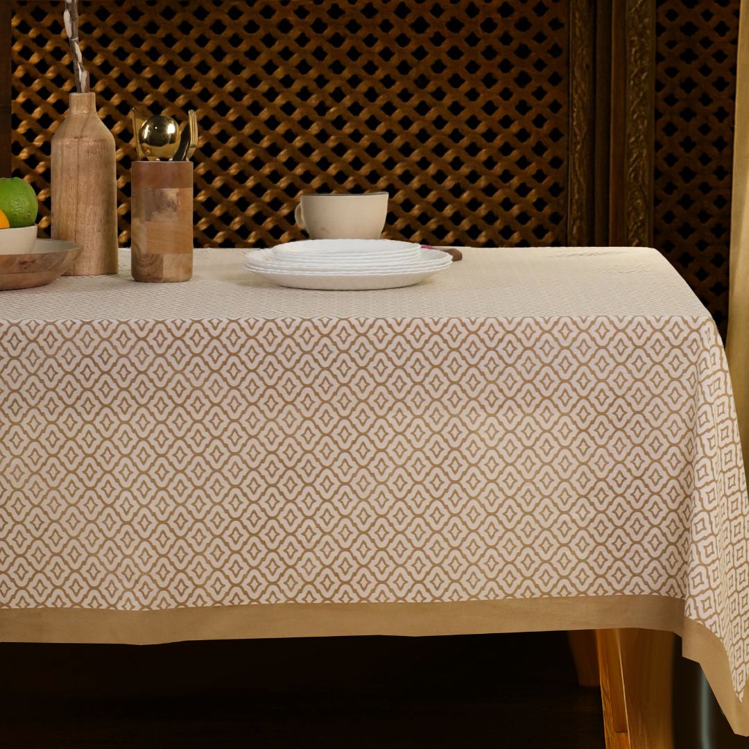 Green and Off White Cotton Floral Table Cloth | 6 seater