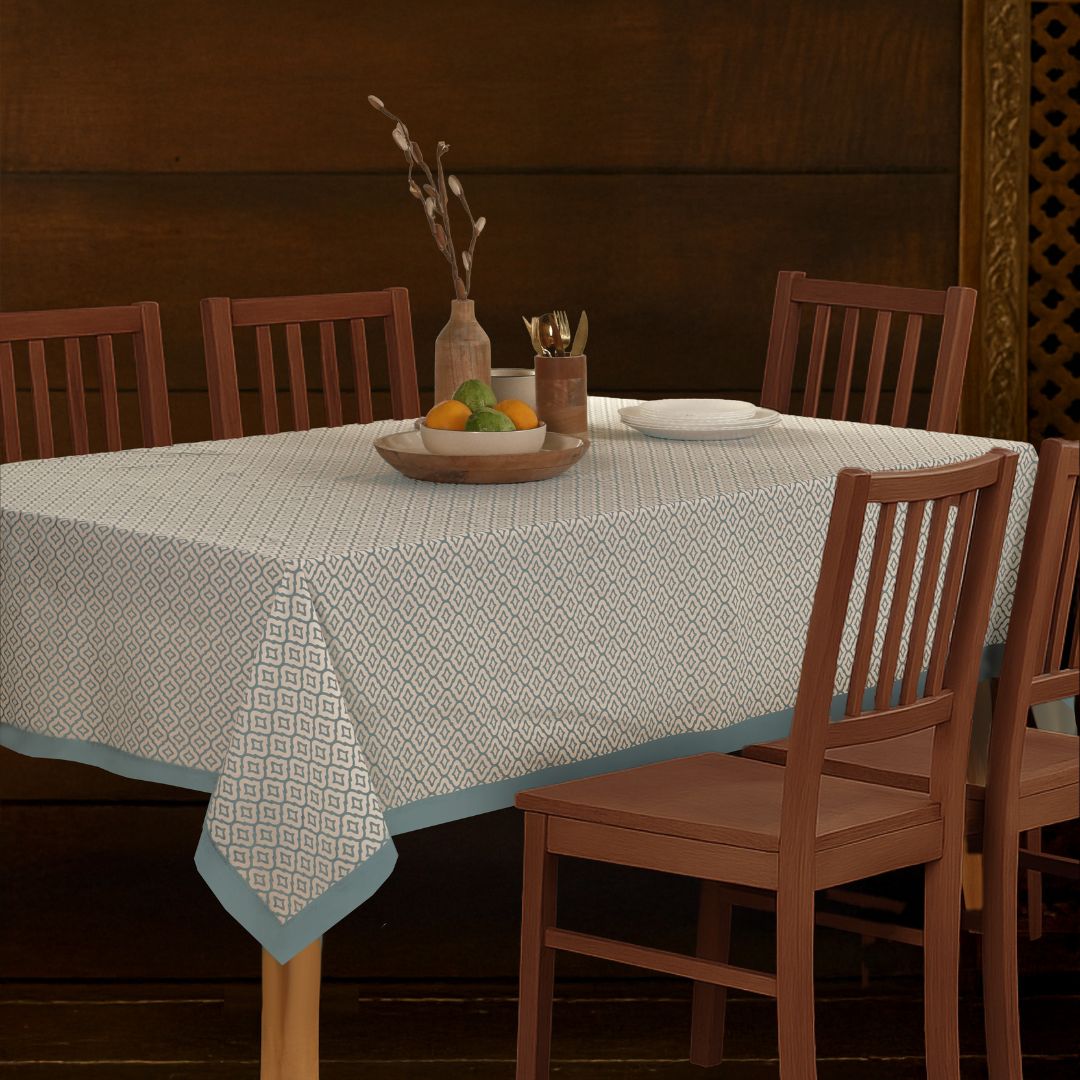 Green and Off White Cotton Floral Table Cloth | 6 seater