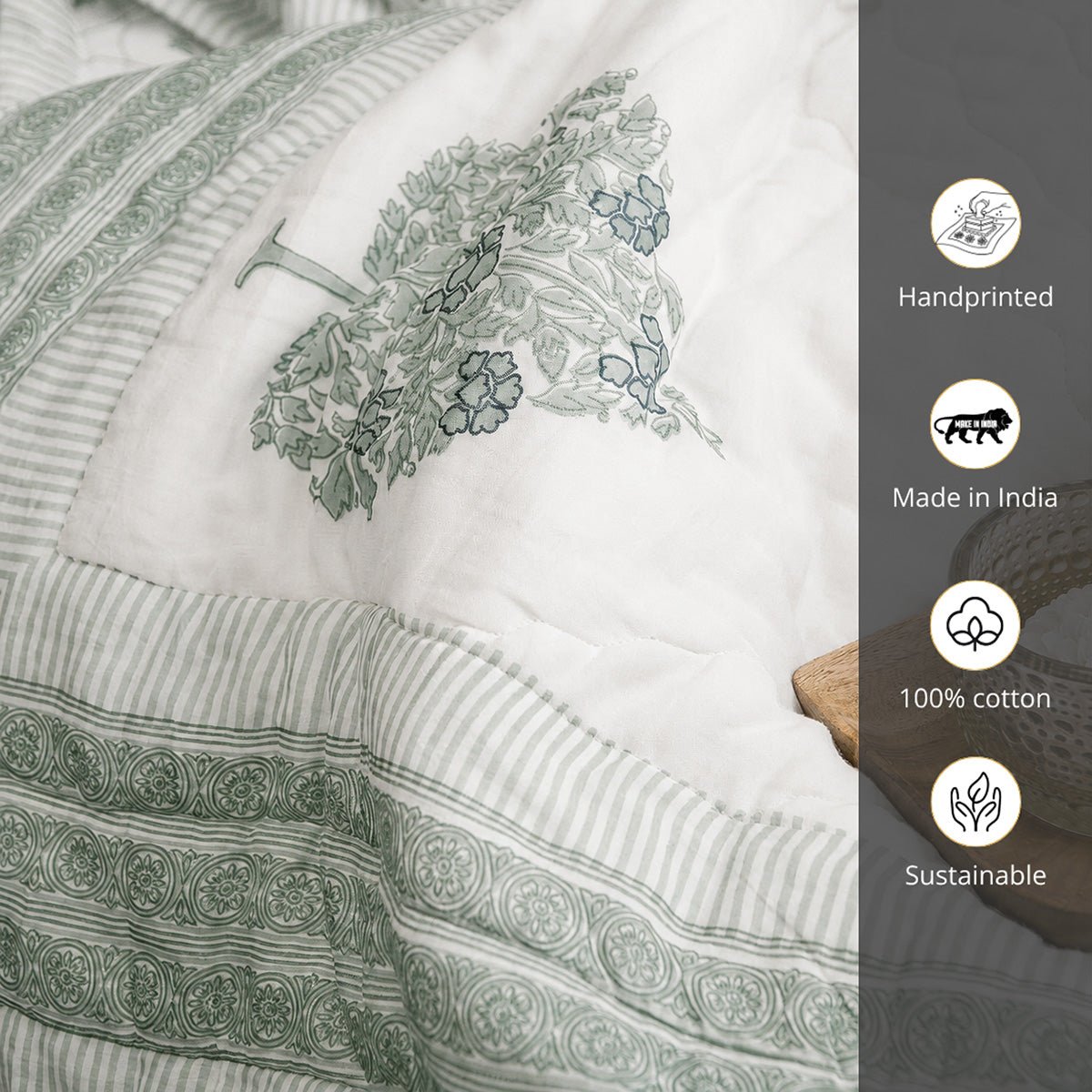 Quilted Double Bed Cover in Fine Cotton | Reversible Block Printed with Ornate Trees | Queen Size 90 x 108 inches