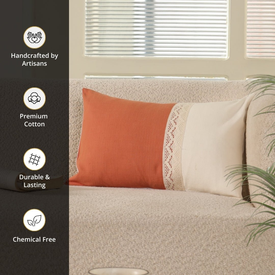 Rectangular Pure Cotton Crochet Cushion Cover in Rust and Off White | Set of 1 and 2