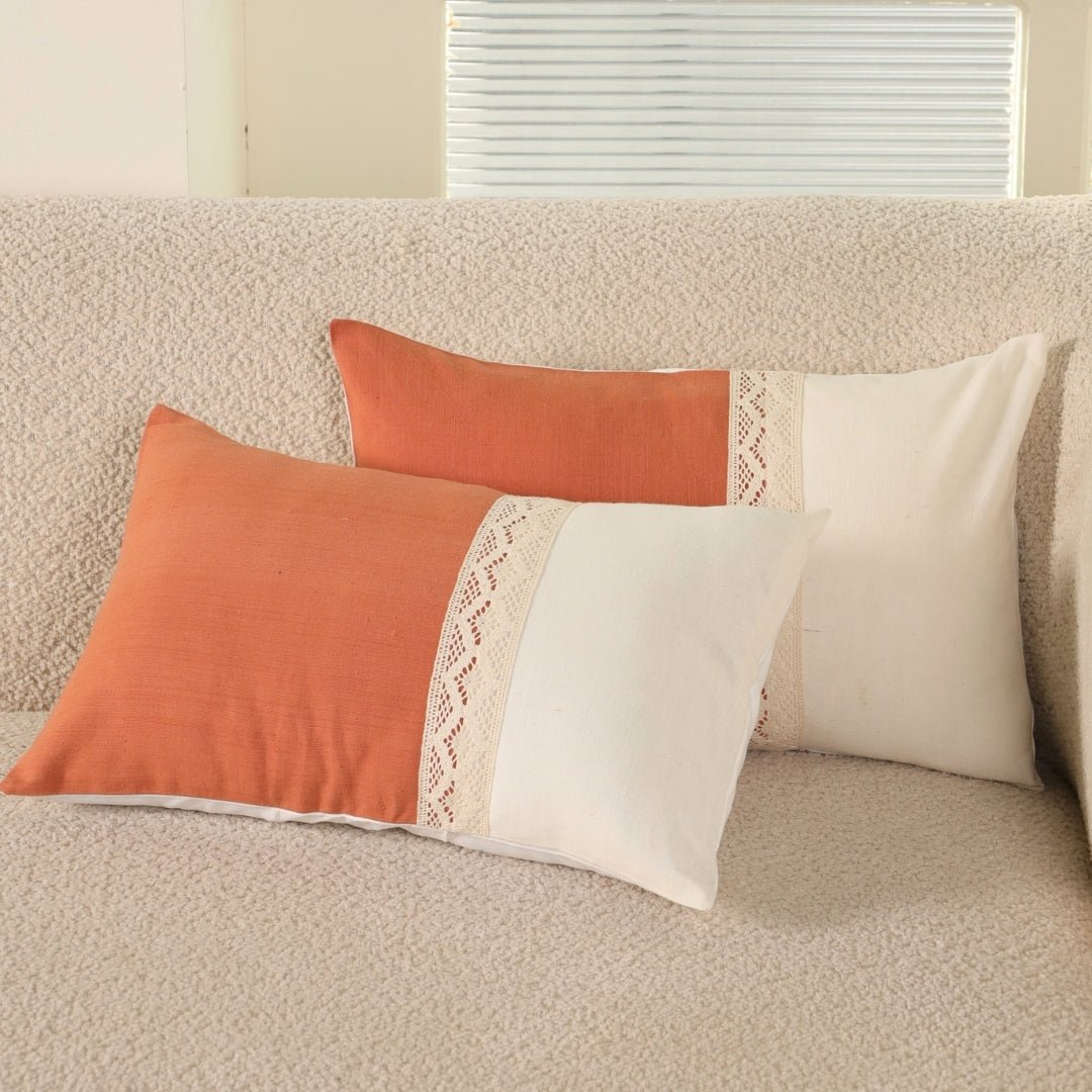 Rectangular Pure Cotton Crochet Cushion Cover in Rust and Off White | Set of 1 and 2