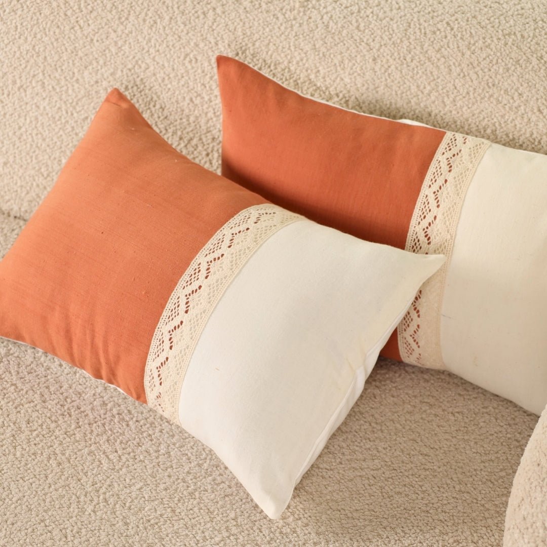 Rectangular Pure Cotton Crochet Cushion Cover in Rust and Off White | Set of 1 and 2