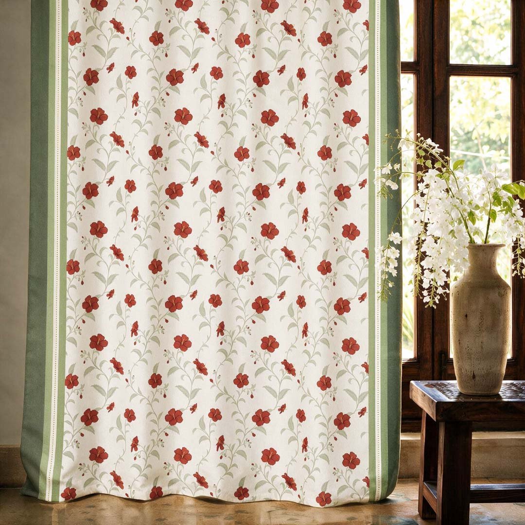 Red and White Hibiscus Floral Curtains in 7 Feet | 60 - 65% Room Darkening | Cotton Blend | Machine Washable |