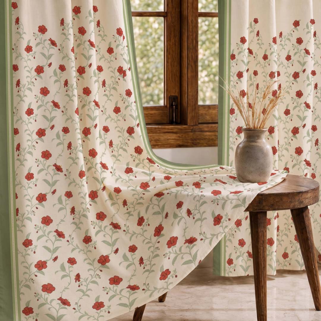 Red and White Hibiscus Floral Curtains in 7 Feet | 60 - 65% Room Darkening | Cotton Blend | Machine Washable |