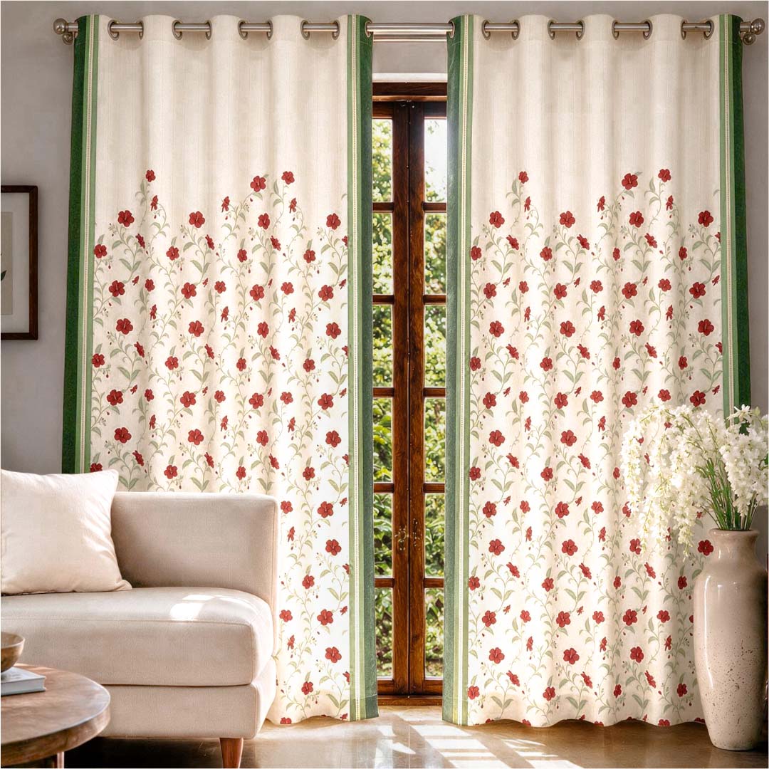 Red and White Hibiscus Floral Curtains in 7 Feet | 60 - 65% Room Darkening | Cotton Blend | Machine Washable |