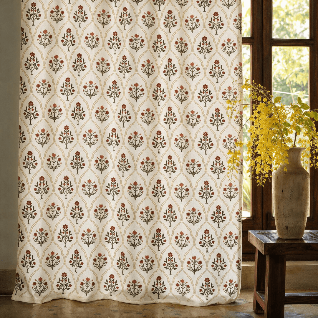 Rust and Maroon Ornate Mughal Floral Curtains in 7 Feet | 60 - 65% Room Darkening | Cotton Blend | Machine Washable