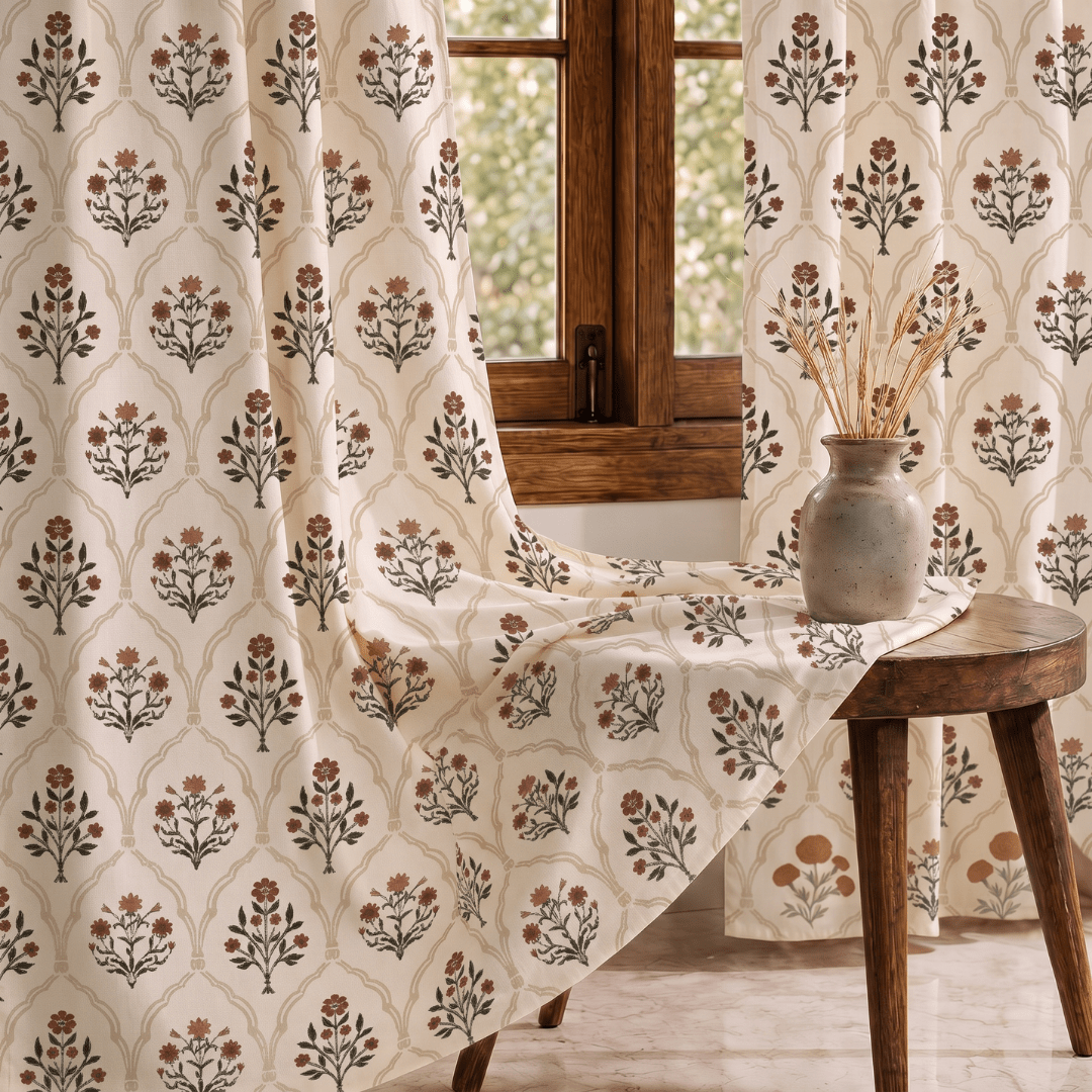 Rust and Maroon Ornate Mughal Floral Curtains in 7 Feet | 60 - 65% Room Darkening | Cotton Blend | Machine Washable