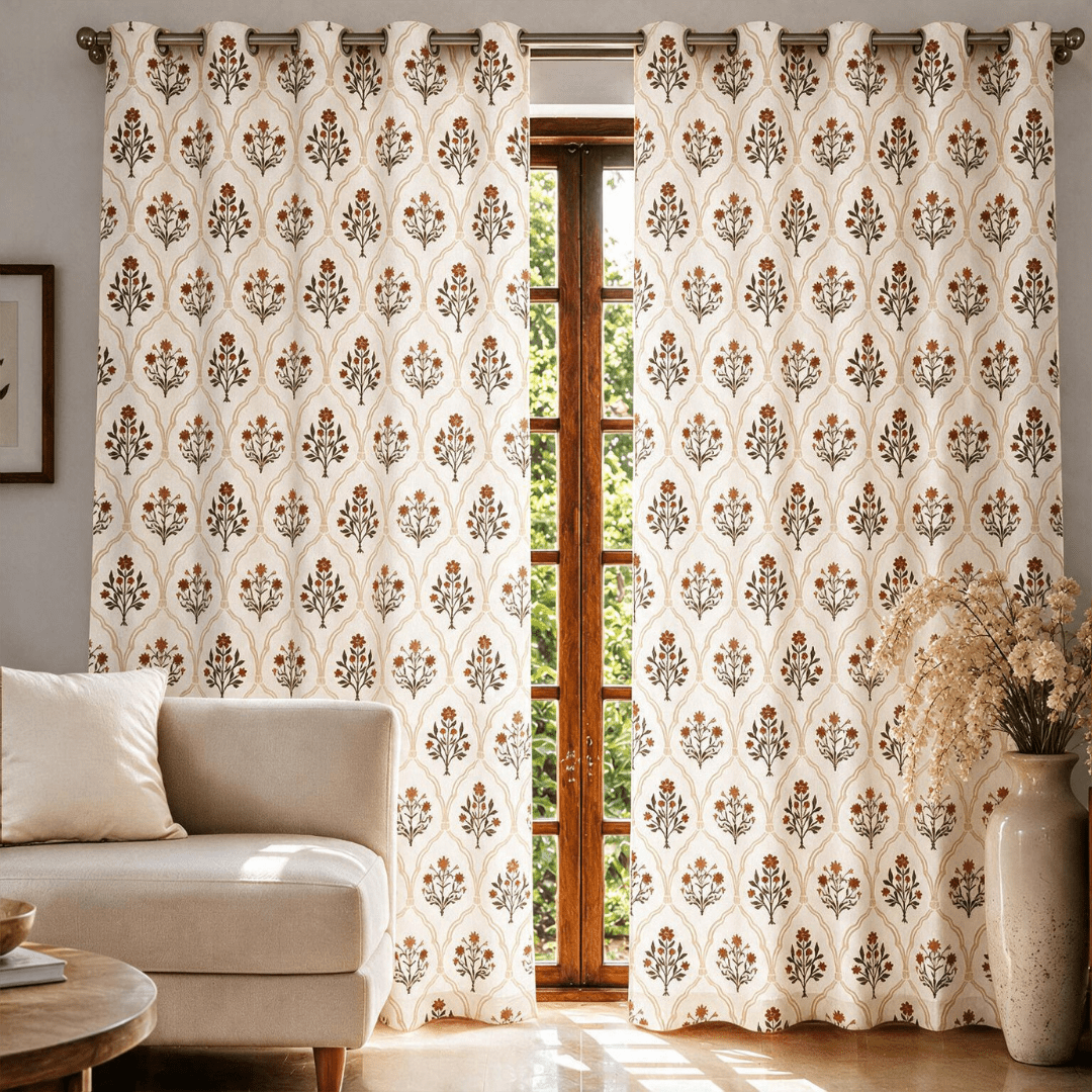 Rust and Maroon Ornate Mughal Floral Curtains in 7 Feet | 60 - 65% Room Darkening | Cotton Blend | Machine Washable