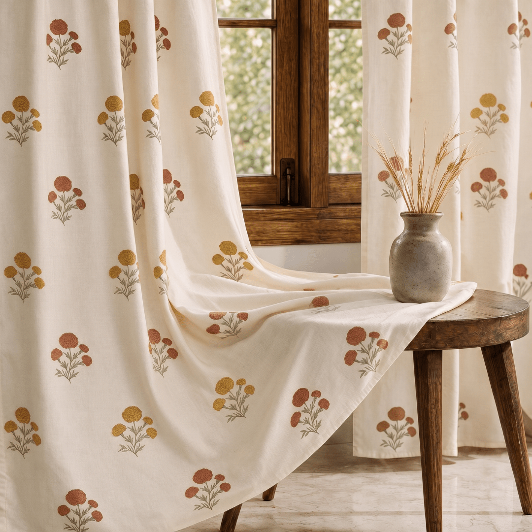 Rust and Yellow Marigold Floral Curtains in 7 Feet | 60 - 65% Room Darkening | Cotton Blend | Machine Washable