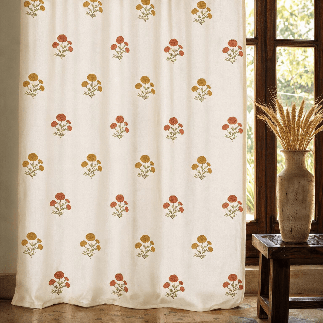 Rust and Yellow Marigold Floral Curtains in 7 Feet | 60 - 65% Room Darkening | Cotton Blend | Machine Washable
